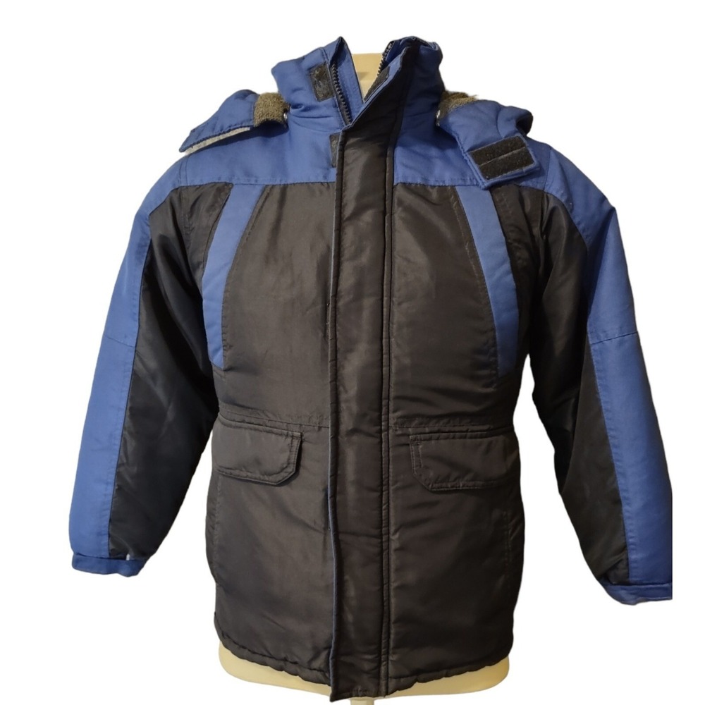 OshKosh Jacket Boys Size 12 Puffer Blue Black Winter Parka Coat Hooded Retro